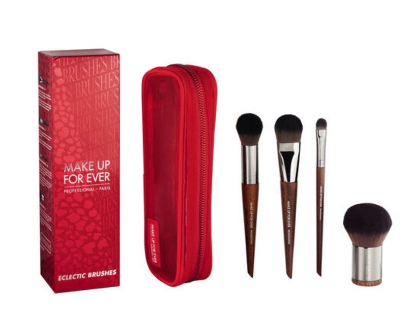 Make Up Forever Eclectic Brushes • Limited Edition Set • Foundation Brush 106 • Highlighter Brush 152 • Precision Shader Brush 228 • Powder Kabuki Brush 124 &amp; Red Brush Pouch