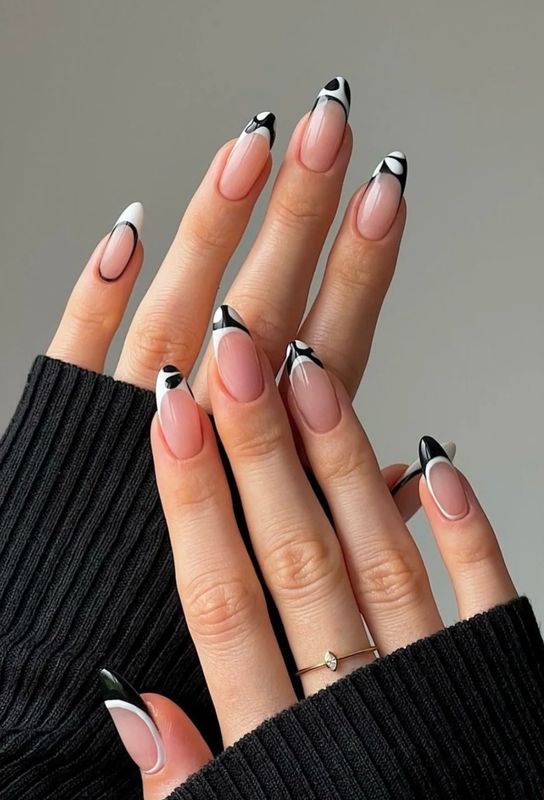 Do It Yourself Press On Elegant and Handmade Simple European and American Popular Nail Art • 24 Pcs • Press On Nails Almond •’Cool And Stylish Black • White Cow Pattern French Style Nail
