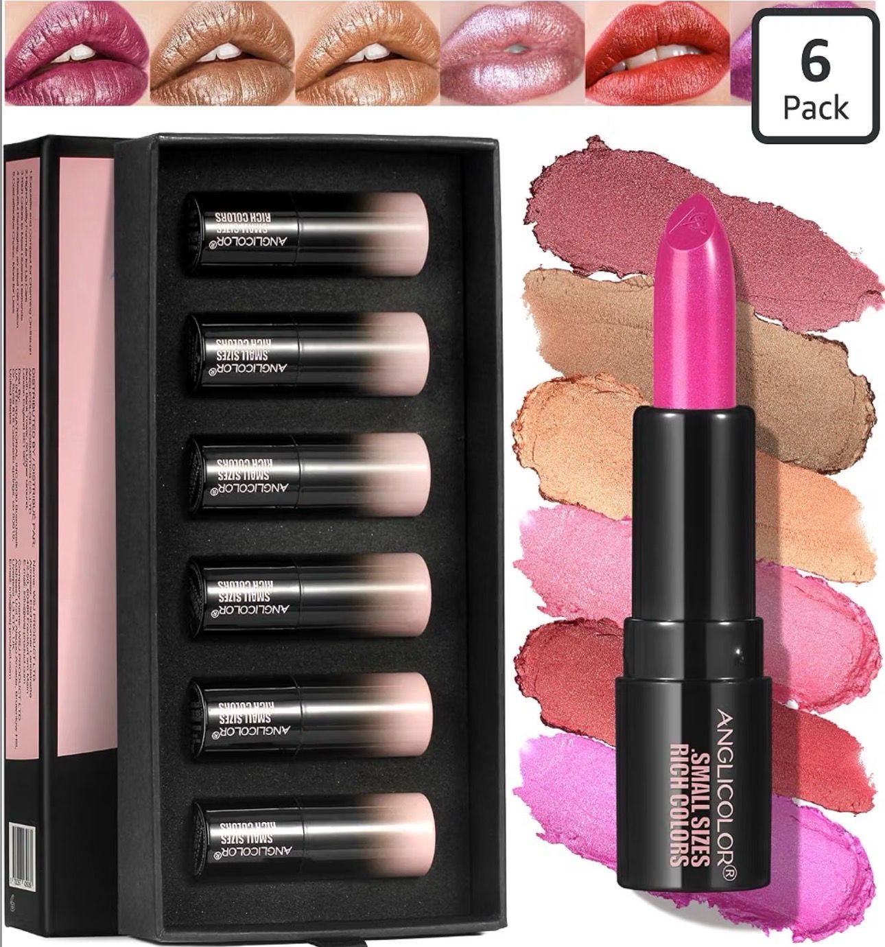 Anglicolor 6Pcs Mini Metallic Glitter Lipstick Set • High Pigmented • Lightweight Smooth • Moisturising Formula • Glossy Shine Shimmer Lipstick Sets • 1.8 g / 0.06 oZ x 6 • Travel Size