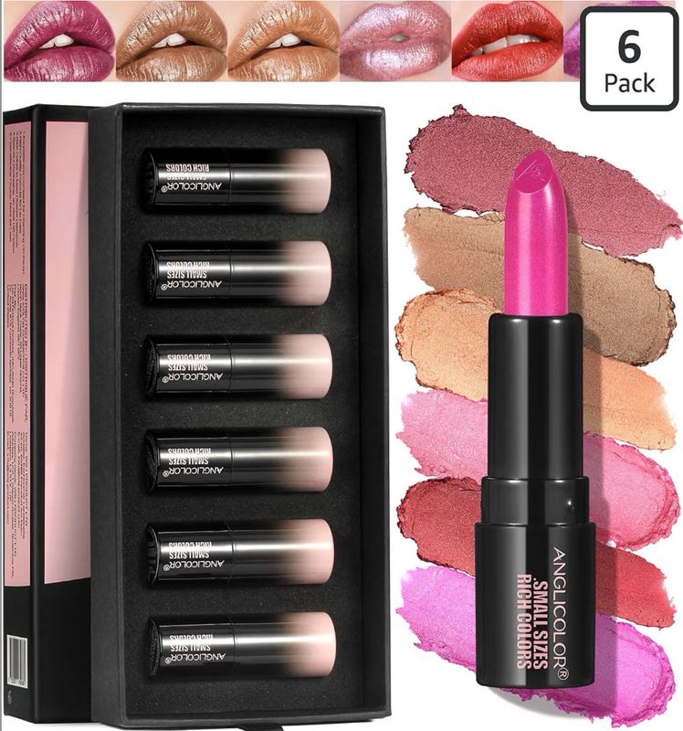 Anglicolor 6Pcs Mini Metallic Glitter Lipstick Set • High Pigmented • Lightweight Smooth • Moisturising Formula • Glossy Shine Shimmer Lipstick Sets • 1.8 g / 0.06 oZ x 6 • Travel Size