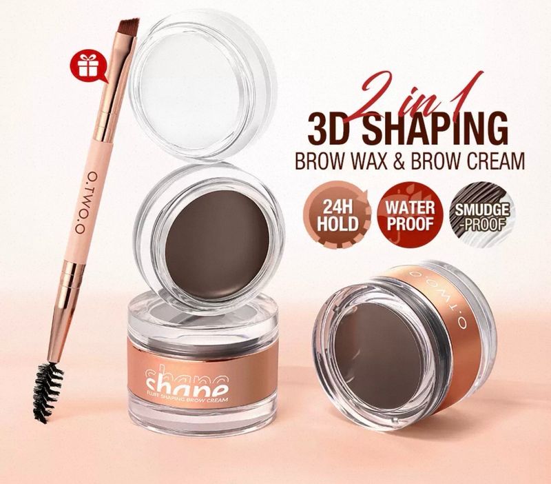 Brow 3D Shaping Wax &amp; Brow Cream Set • Pomade + Clear Fix Gel + Free Eyebrow Brush 24H Hold • Water &amp; Smudge Proof • Create Natural-Looking Brows • Beautiful Brown #2