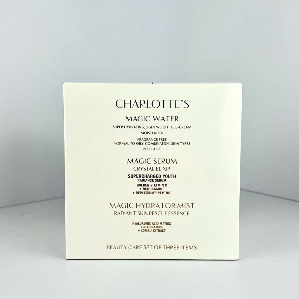 Charlotte’s Beauty Care Set Of Three Items • Includes • Magic Water Cream 50 mL • Magic Serum 30 mL • Magic Hydrator Mist 75 mL •
