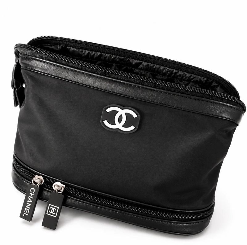 Chanel Beauty VIP • Chanel Black Nylon Large Makeup Bag • Pouch • Clutch with Wrist Strap • Double Layer Large Nylon • Cosmetic • Toiletry Bag • Black