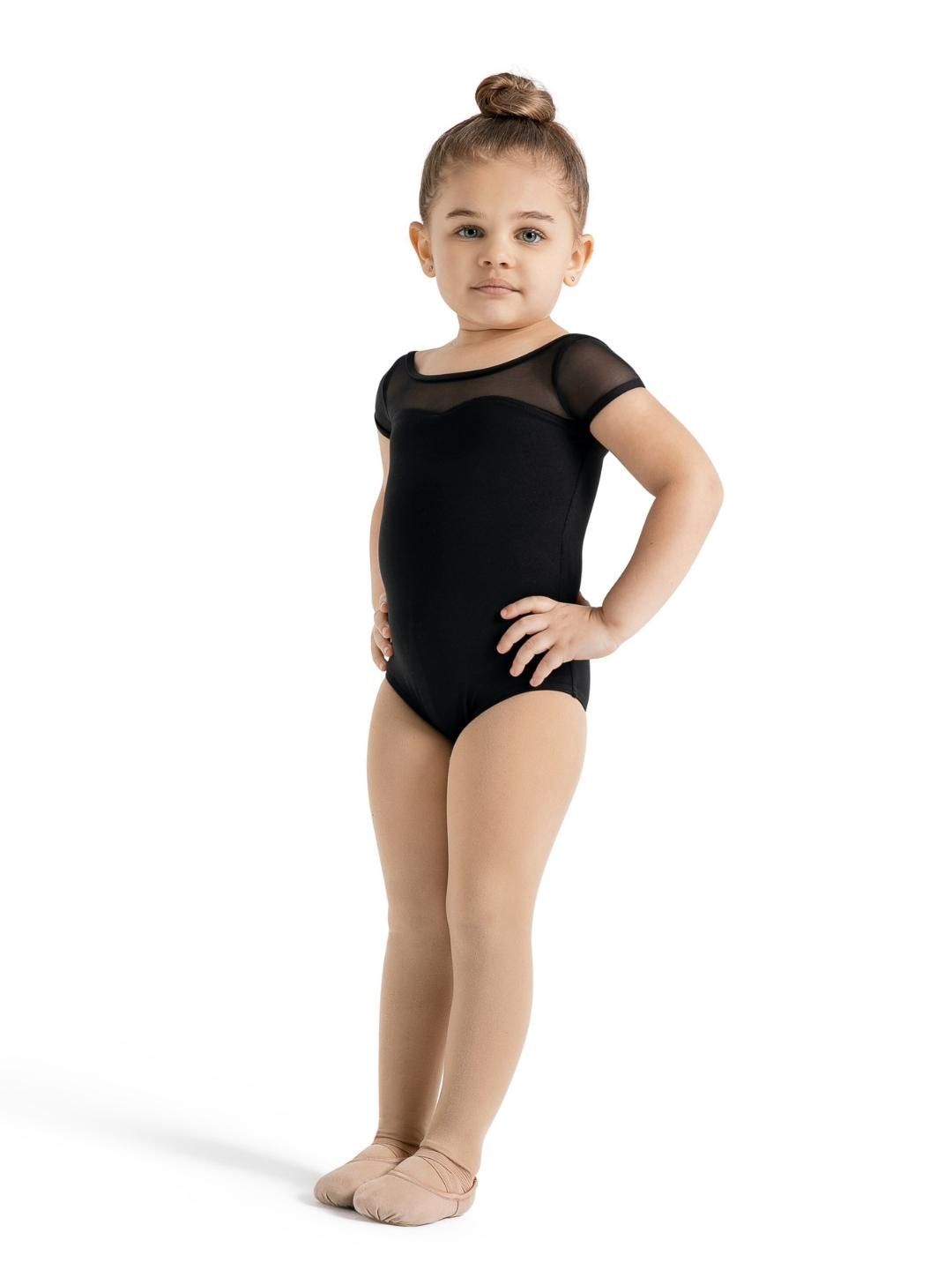 Studio Collection Mesh Yoke Short Sleeve Leotard - Girls, Color: Black, Size: TOT