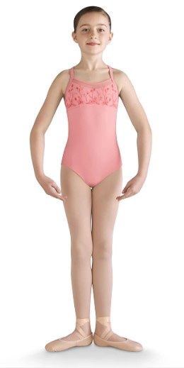 Girls - Embroidered Mesh Front Bodice Camisole Leotard, Color: Coral, Size: 2-4