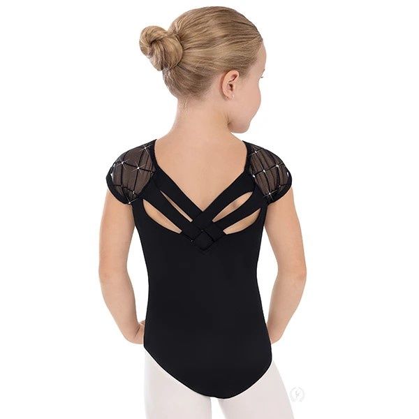 Girls Diamond Mesh Cap Sleeve Trestle Back Leotard, Color: Black, Size: LC