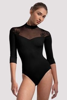 BLOCH Ladies Calista Floral 3/4 Sleeve Leotard, Color: Black, Size: P/XS