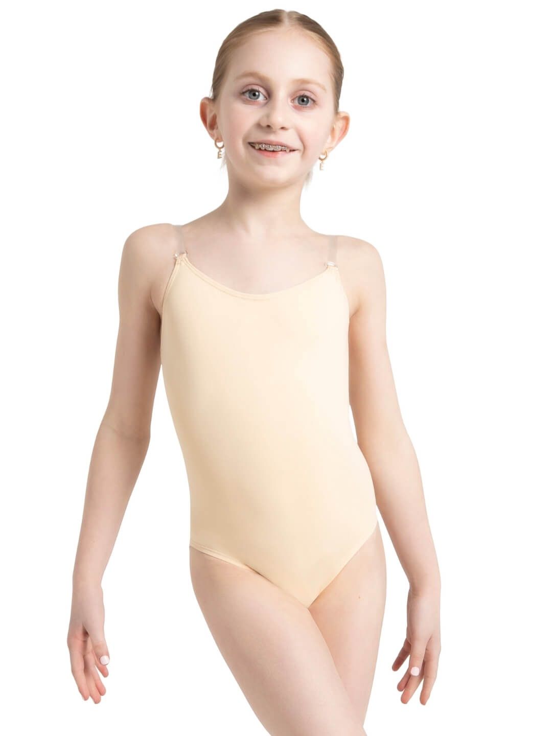 Camisole Leotard w/ Clear Transition Strap - Girls, Color: Nude, Size: INT
