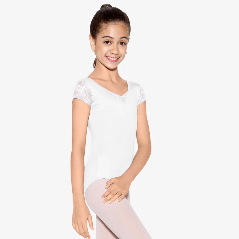 Child Floral Lace Cap Sleeve Leotard, Color: White, Size: 4-6