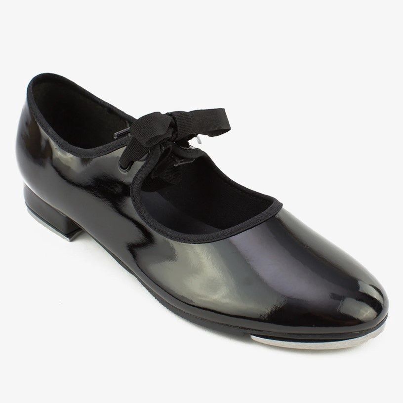 SoDanca "Val" TA35 Child Beginner Tyette Vegan Tap Shoe with Elastic Snaps, Color: Black Patent, Size: 7.5