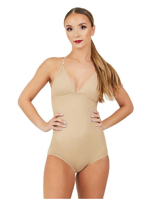 Plunge Front Deep Back Leotard w/ Clear Straps, Color: Nude, Size: LA