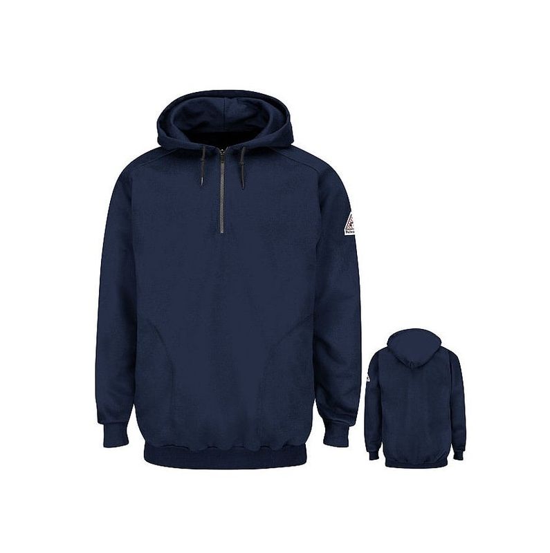 BULWARK FR SEH8NV 1/4 ZIP PULLOVER HOODED FLEECE SWEATSHIRT NAVY