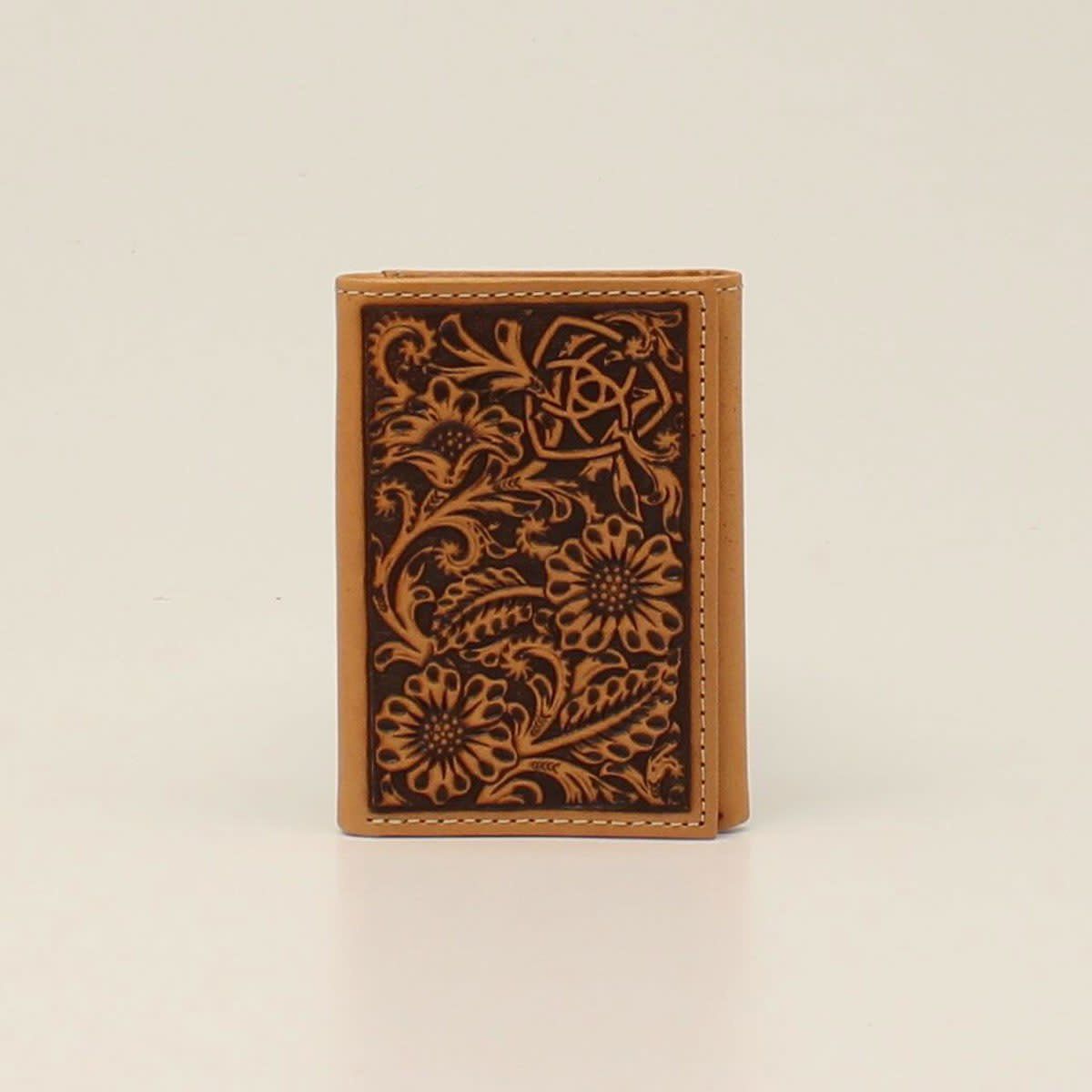 **Ariat MENS TRIFOLD WALLET EMBOSSED FLOWER SHIELD TAN A3551008