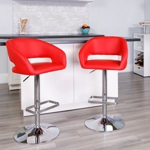 Contemporary Red vinyl adjustable height barstool with rounded mid-back and chrome base (ch-122070-red-gg)