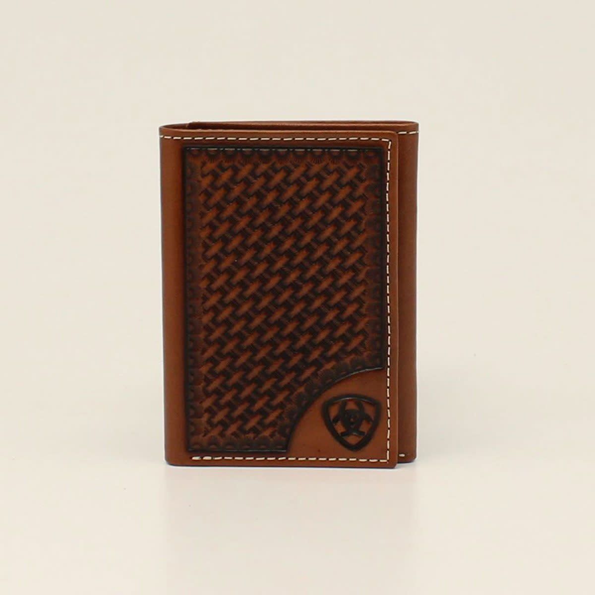 ARIAT MENS TRIFOLD WALLET BASKETWEAVE SHIELD TAN A3550408