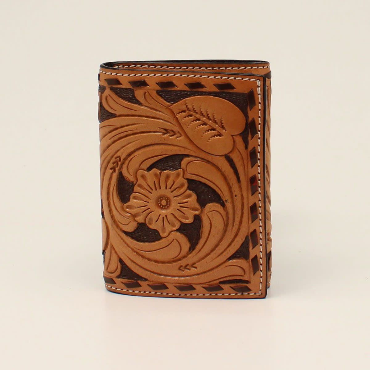**NOCONA 3D TRIFOLD WALLET FLORAL TOOLED BUCK STITCH TAN  D250003708