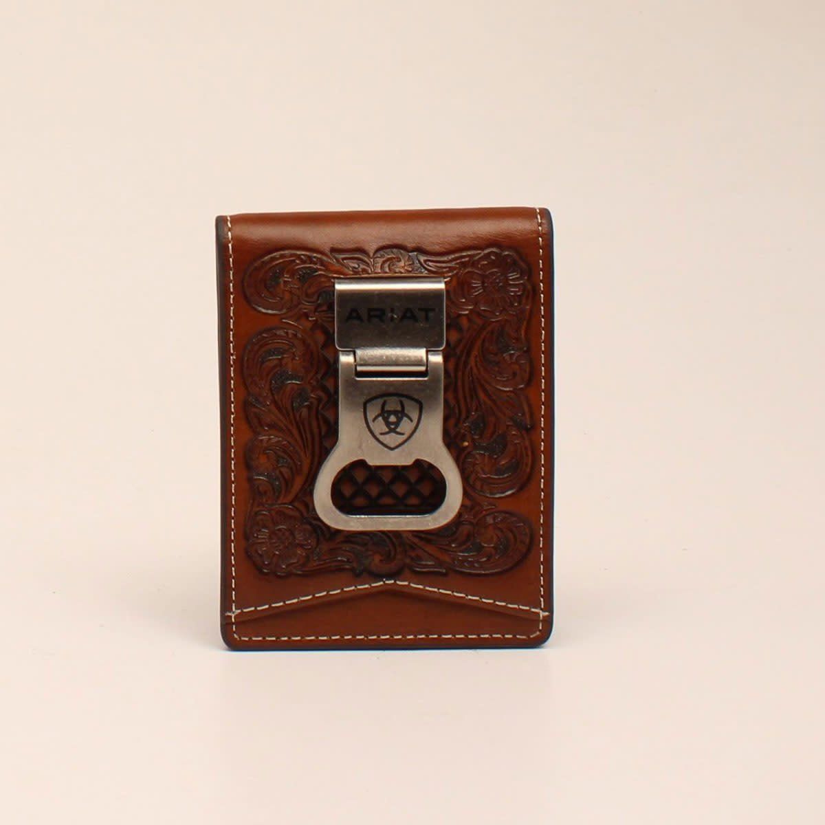 ARIAT BIFOLD MONEY CLIP BASKET WEAVE FLORAL EMBOSSED TAN A3544408