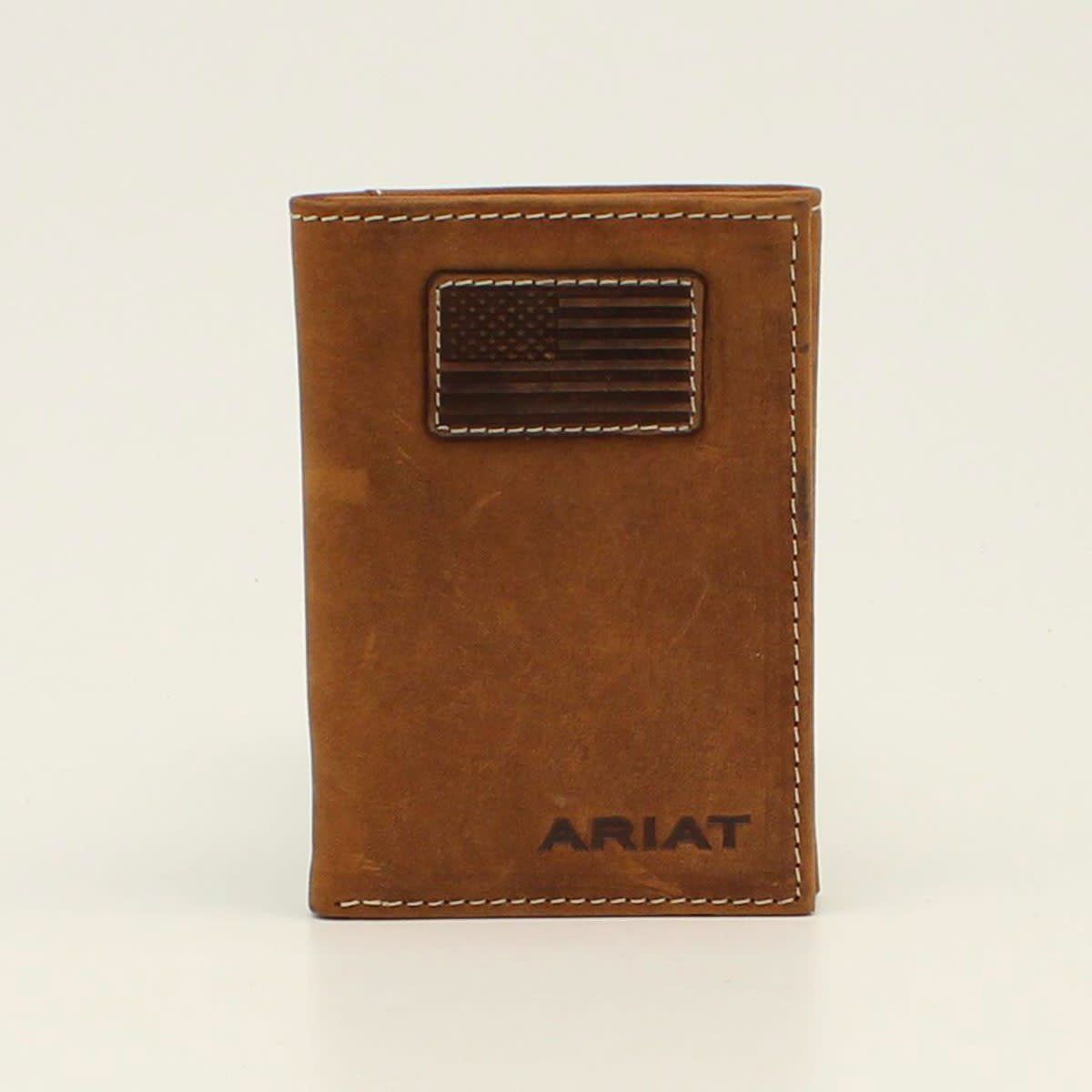 ARIAT MENS TRIFOLD WALLET FLAG PATCH LOGO MEDIUM BROWN A3548444