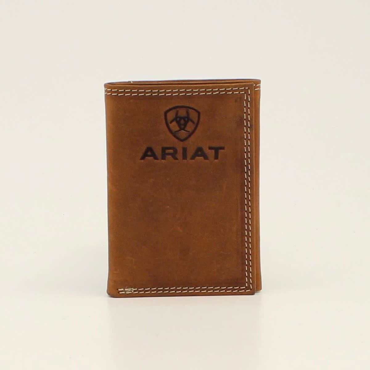 ARIAT MENS TRIFOLD WALLET EMBOSSED LOGO MEDIUM BROWN A3548144