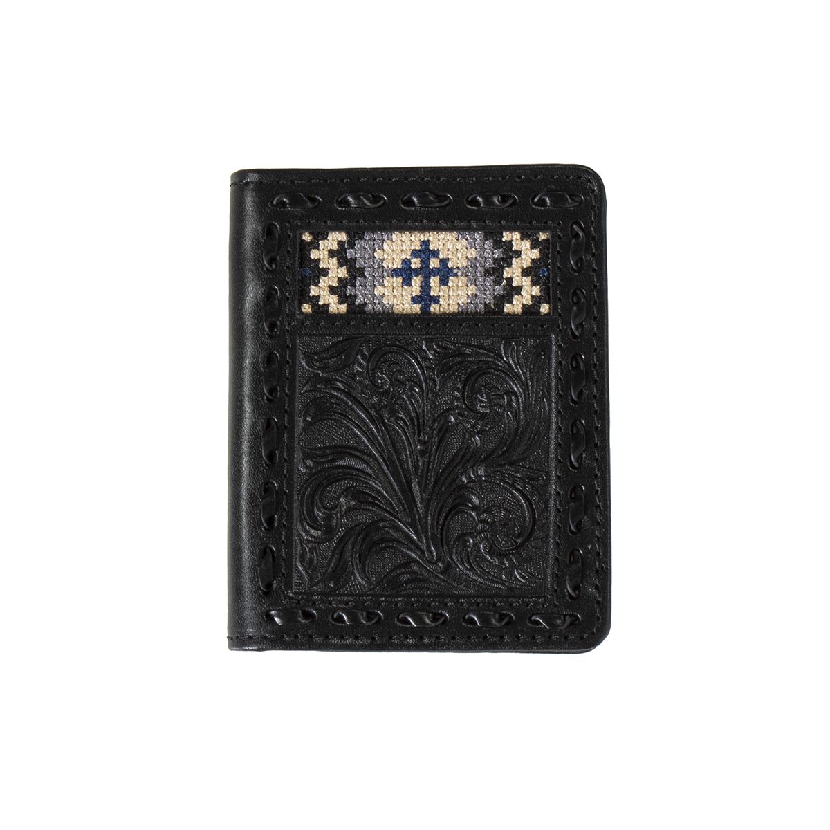 3D Bifold Wallet Floral Leather Cross Embroidered Black D250007301