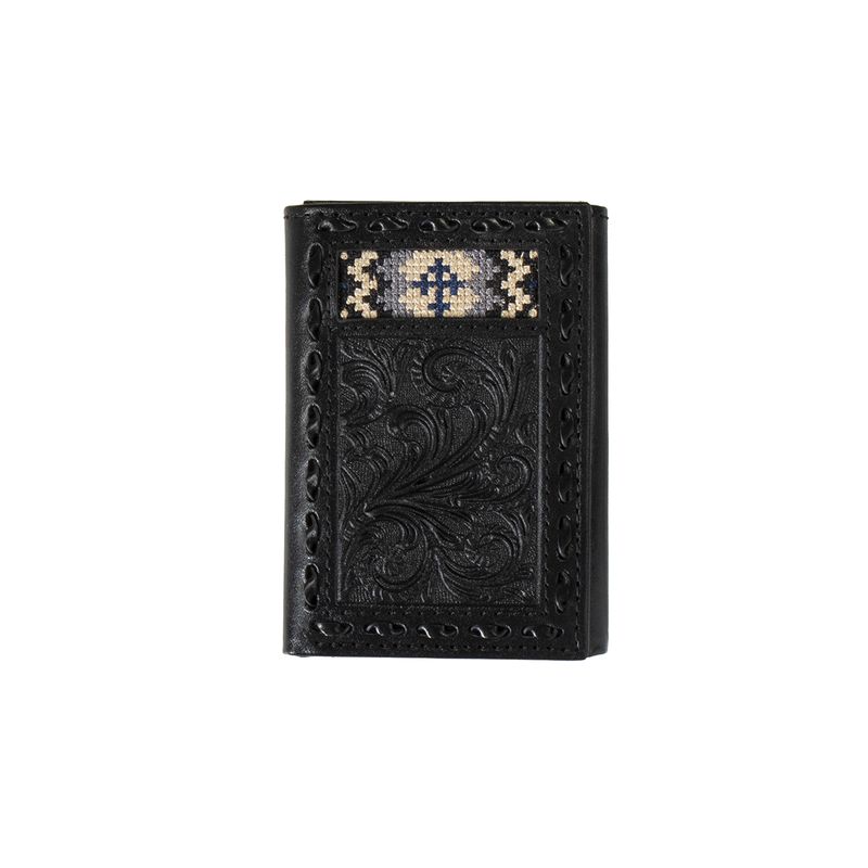 3D Trifold Wallet Floral Leather Cross Embroidered Black D250007401