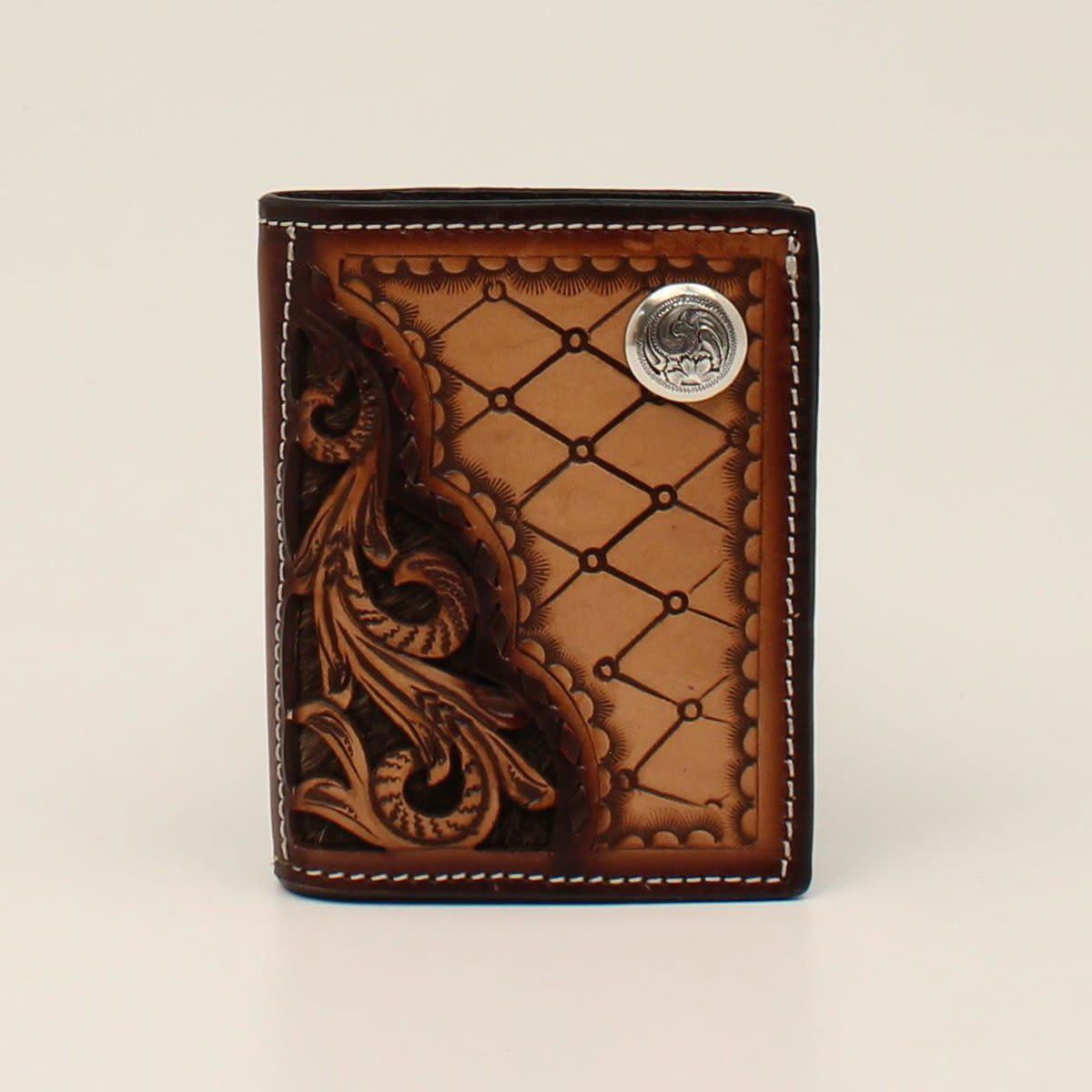 **NOCONA 3D TRIFOLD WALLET FLORAL DIAMOND TOOLED ROUND CONCHO TAN  D250003408