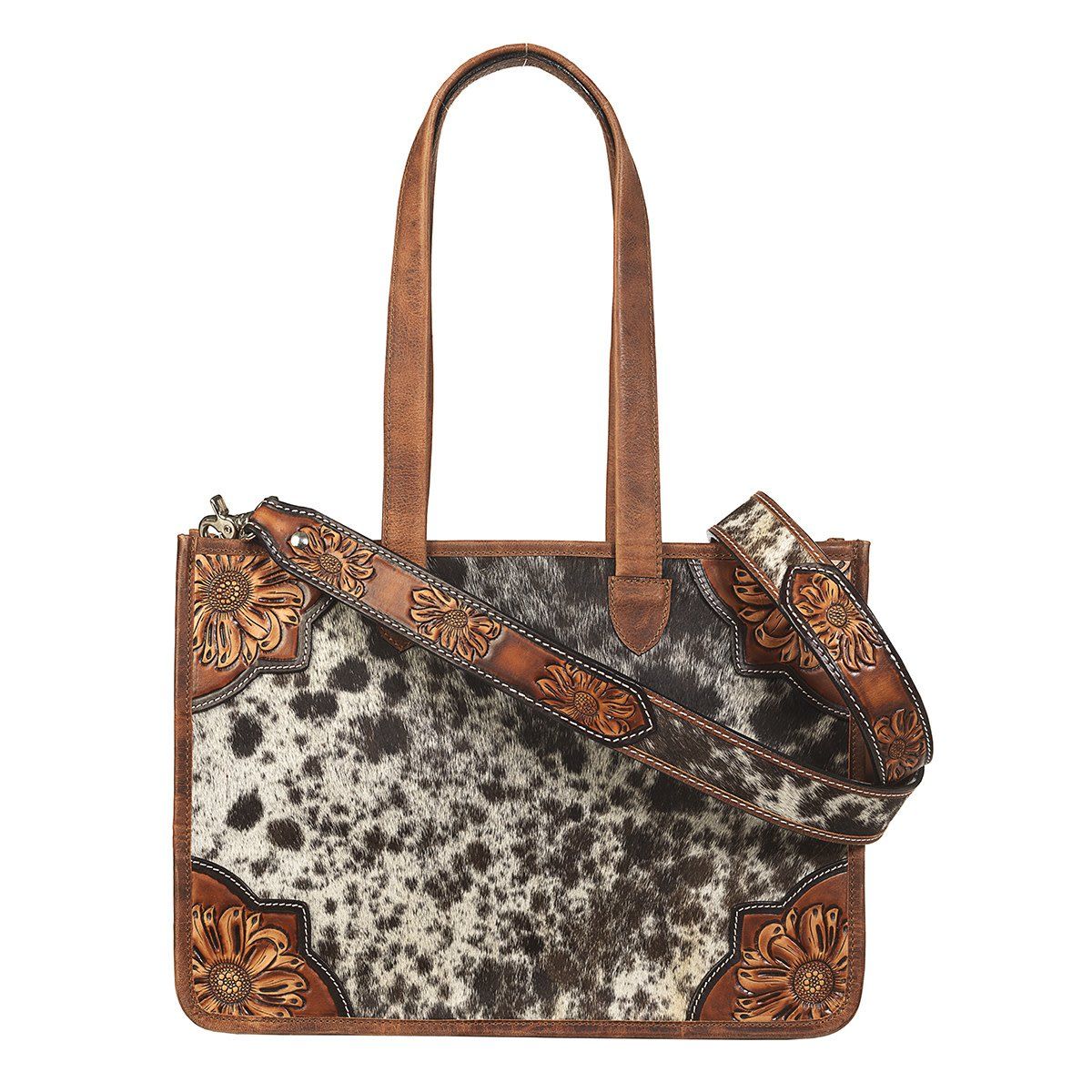 ANGEL RANCH SPOTTED CALF HAIR COLLECTION CONCEAL CARRY CROSSBODY TOTE BROWN D330005602