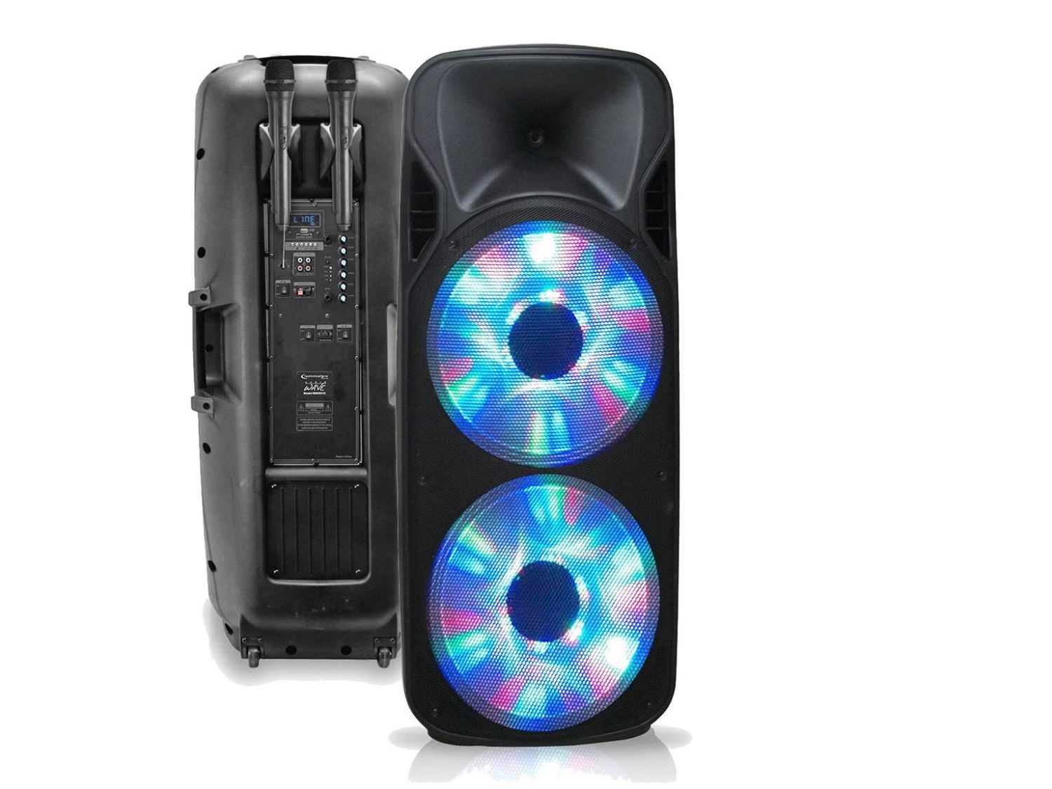 WAVE215 Rechargable Double 15'' Two way Bluetooth Loudspeaker & Dual VHF Wireless Microphones (Blk)