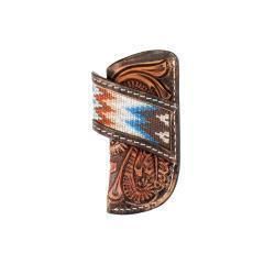 3D Leather Knife Sheath Vertical Hand Tooled Scrolling Embroidered Inlay Brown D8401802