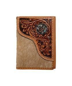 Nocona Mens Trifold Wallet Tooled Overlay Feather Concho Tan N500048908