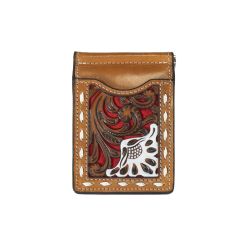 Nocona Money Clip Wallet Floral Filigree Suede Underlay Red N5415004