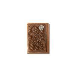 Ariat Mens Trifold Style Wallet Basket Weave Floral Shield Tan A3564108