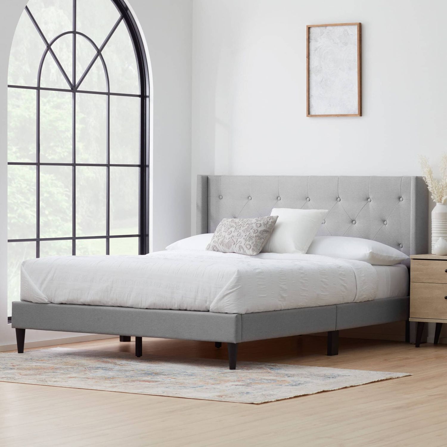 Drake Upholstered Wingback Diamond Tufted Platform Bed, Full, Stone WKXC0007UBDFFST Drake Upholstered Wingback Diamond Tufted Platform Bed, Full, Stone WKXC0007UBDFFST