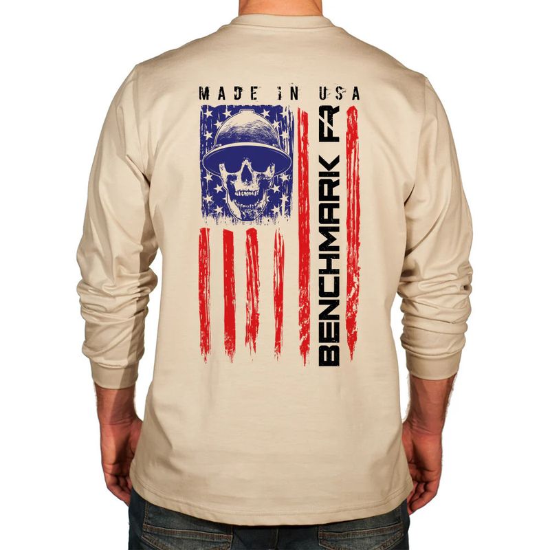 Benchmark FR Skull Flag Graphic Long Sleeve Shirt – Beige (3118FRB)
