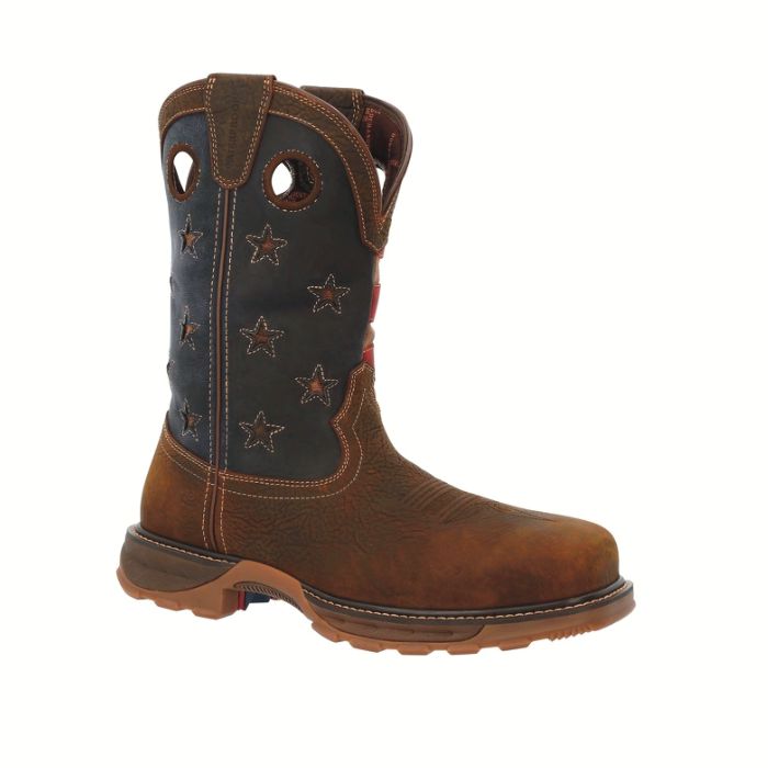Durango® Western Bark Brown & Vintage Flag Waterproof Work Boots – Composite Toe, Square Toe (Model DDB0366)