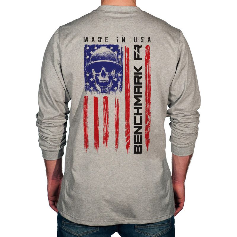 Benchmark FR Skull Flag Graphic Long Sleeve Shirt – Light Gray (3118FRLG)