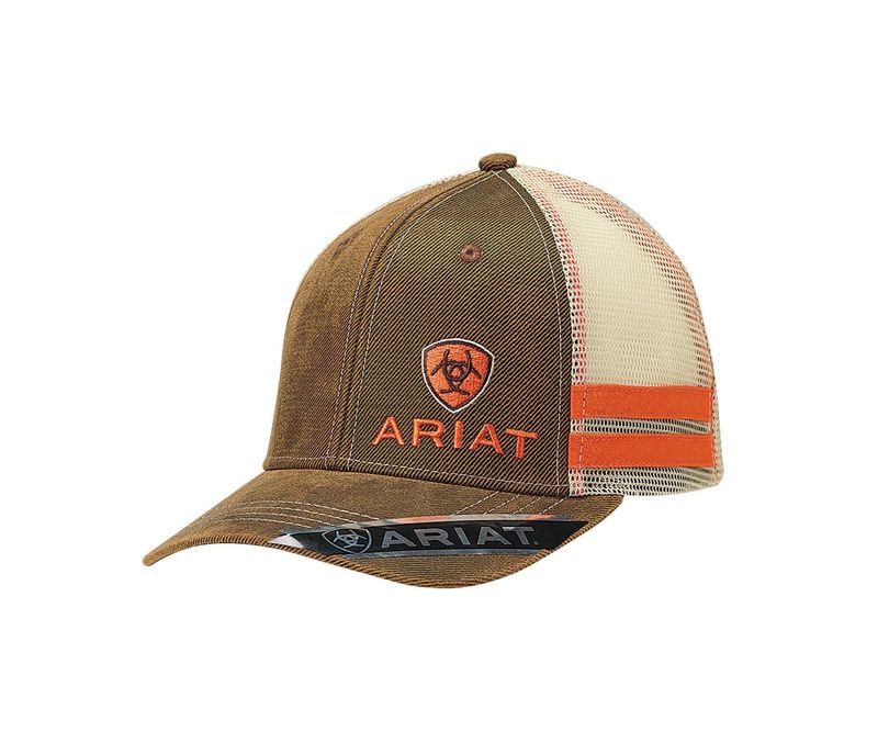 Ariat Men's Oilskin Brim Mesh Back Cap – Brown with Orange Accents (1595002)