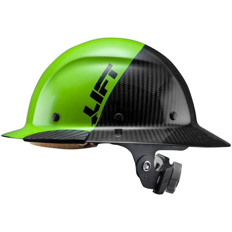 HDF50C-20GC Actual Carbon Fiber Hard Hat - Full Brim Glossy Black and Green