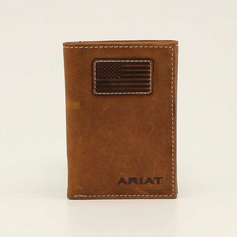 ARIAT MENS TRIFOLD WALLET FLAG PATCH LOGO MEDIUM BROWN A3548444