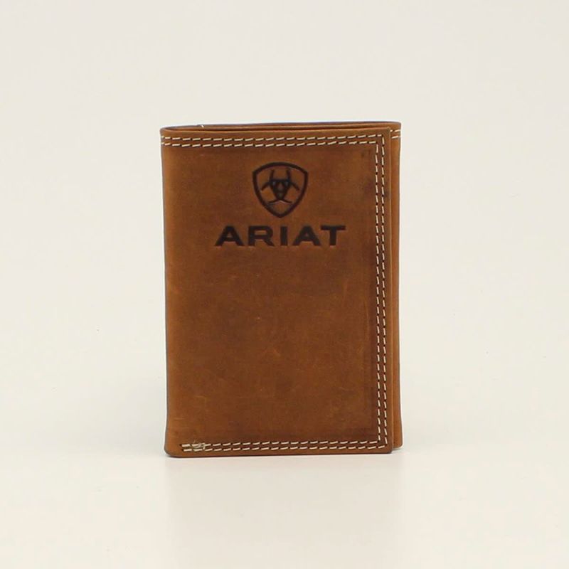 ARIAT MENS TRIFOLD WALLET EMBOSSED LOGO MEDIUM BROWN A3548144