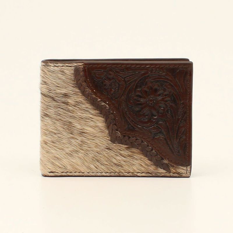 **Nocona Mens Bifold Wallet Calf Hair Tooled Edge Brown N500033002