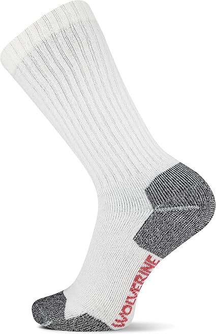 WOLVERINE Safety Toe Moisture Wicking Sock Crew WWM40003C2, Color: White, Size: L