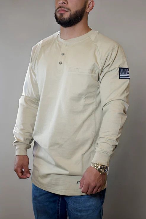 STATIC FR 3-Button Henley Shirt- Tan STATIC FR 3-Button Henley Shirt- Tan