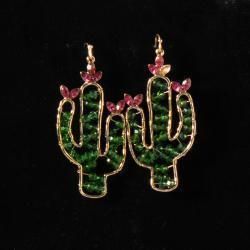 Silver Strike Ladies Earrings Wire Cactus Beads Green