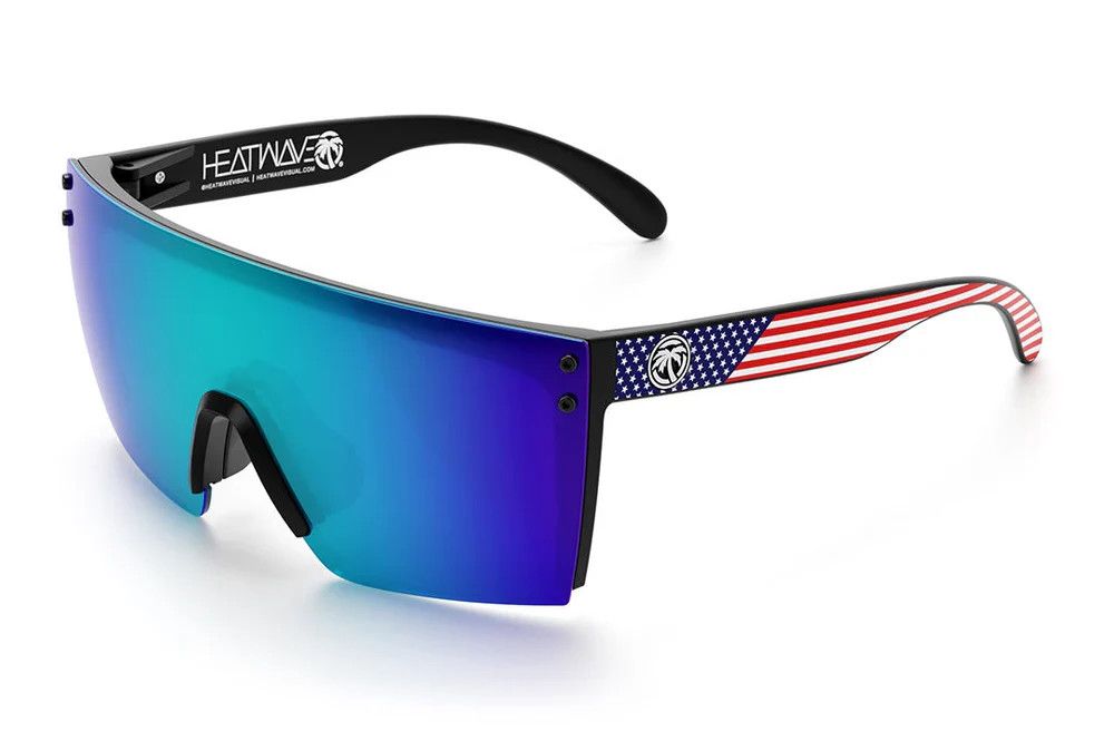 Heatwave Lazer Face Z87 Sunglasses: Black Frame / Galaxy Blue Lens - USA Stars and Stripes Arms Heatwave Lazer Face Z87 Sunglasses: Black Frame / Galaxy Blue Lens - USA Stars and Stripes Arms