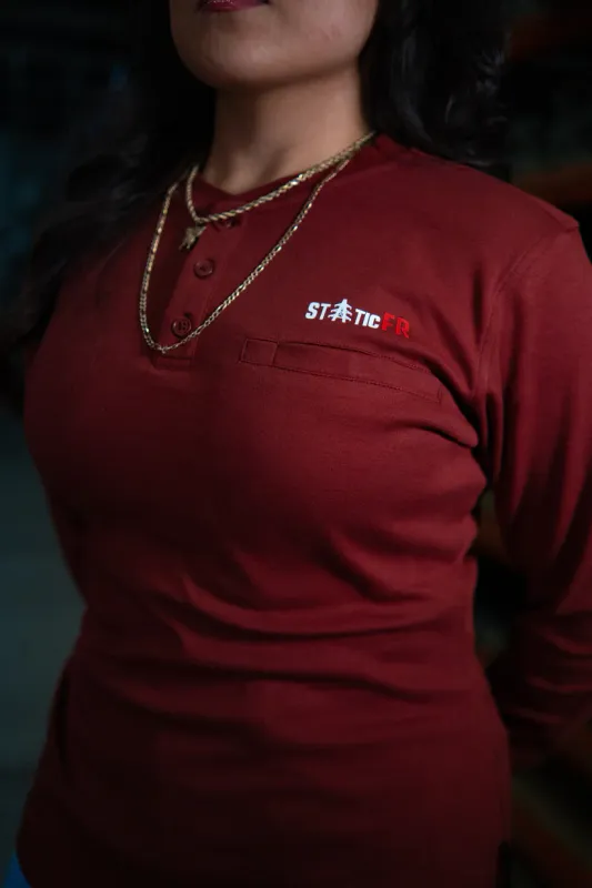 STATIC FR Women's 3-Button Henley - Wine Red