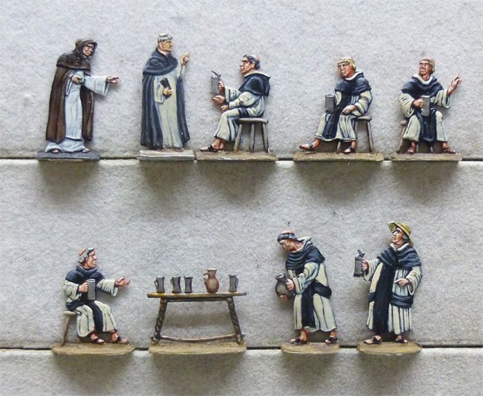9 Zinnfiguren Mönche beim Fasten Renaissance Bürgerschaft Luxusbemalung