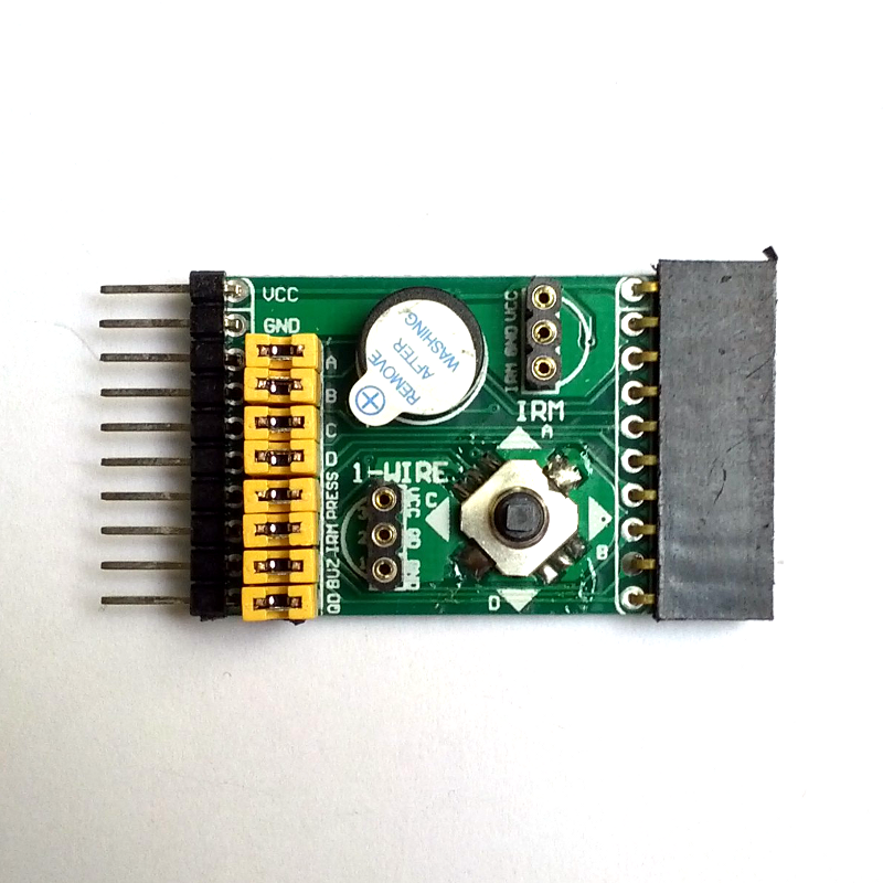 Temperature sensor, IR receiver, buzzer and 5-way tactile switch board