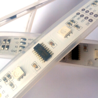 Each LPD8806 chip (the black thing) controls 2 LEDs (the white square-ish box)