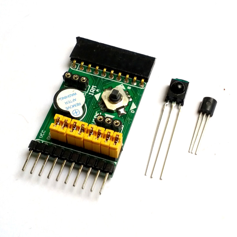 Temperature sensor, IR receiver, buzzer and 5-way tactile switch board